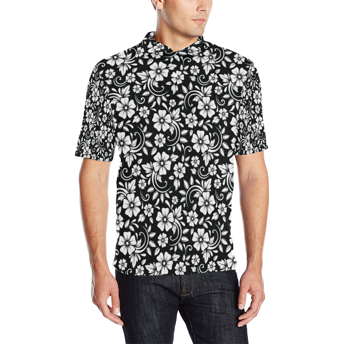 Floral Black White Themed Print Men Polo Shirt