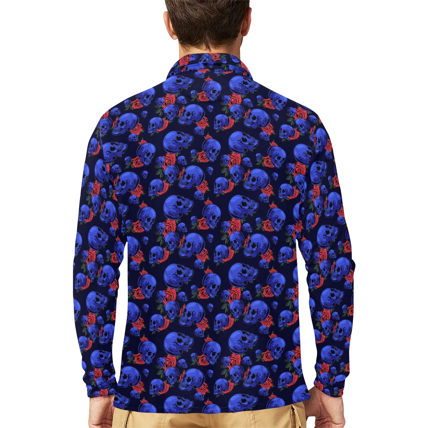 Skull Roses Neon Design Themed Print Long Sleeve Polo Shirt For Men's