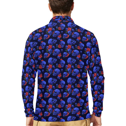 Skull Roses Neon Design Themed Print Long Sleeve Polo Shirt For Men's