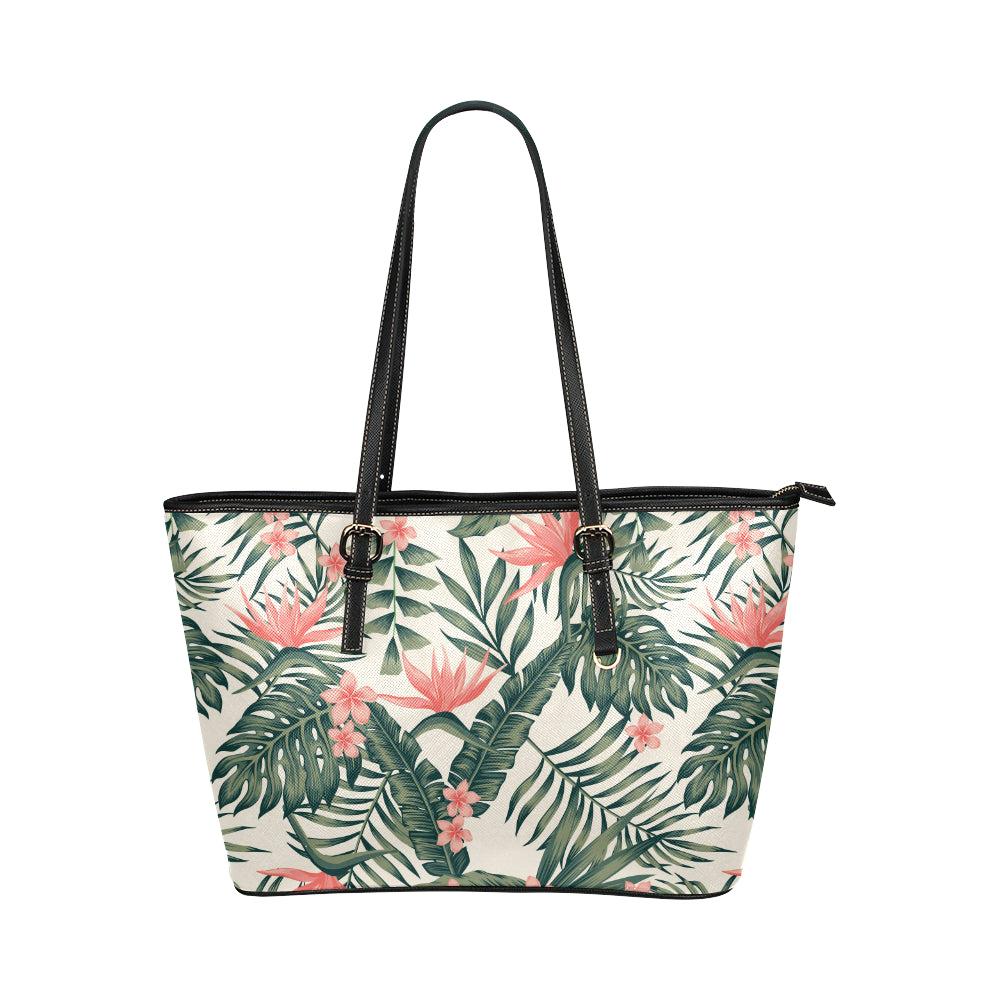 Tropical Flower Palm Leaves Leather Tote Bag