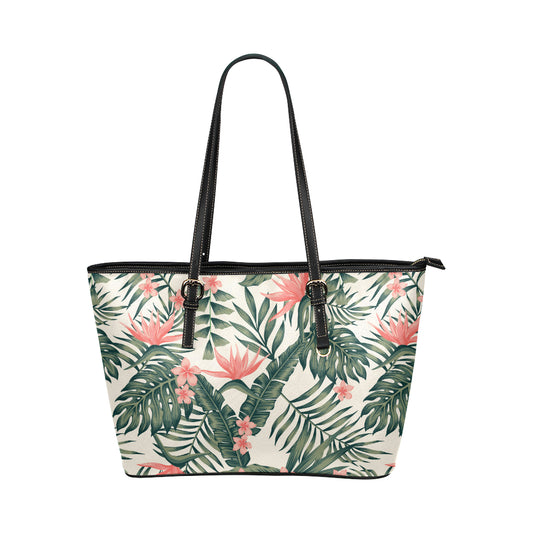 Tropical Flower Palm Leaves Leather Tote Bag