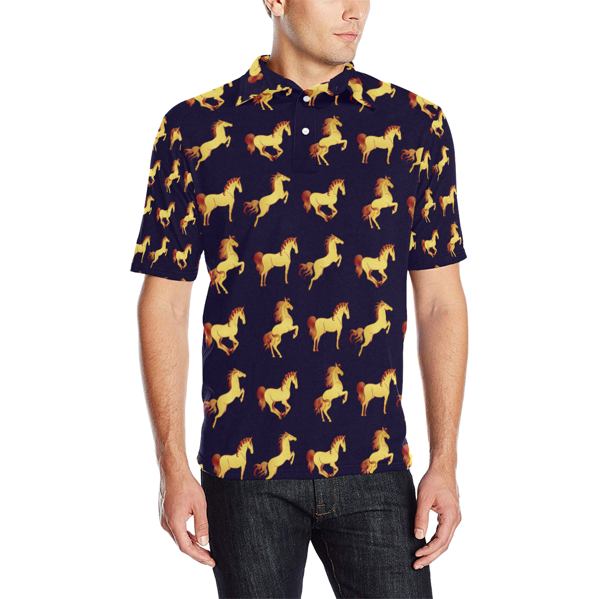 Gold Horse Pattern Men Polo Shirt