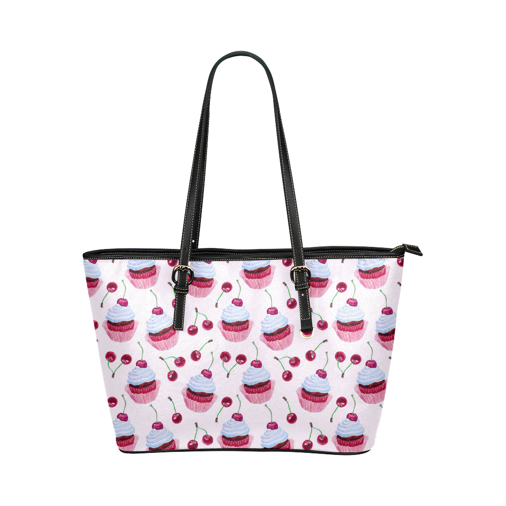Cherry Cupcake Pink Pattern Leather Tote Bag