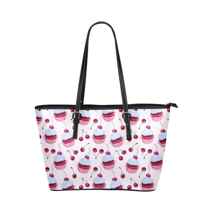 Cherry Cupcake Pink Pattern Leather Tote Bag