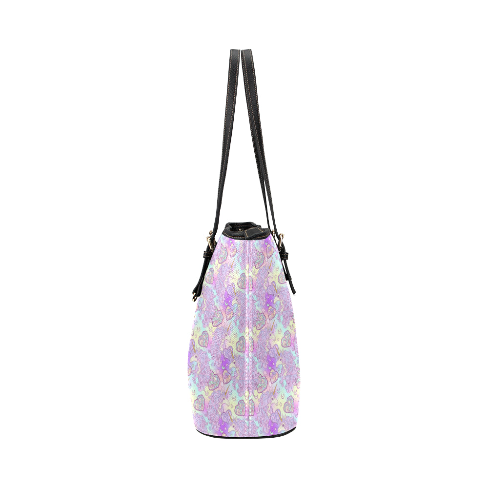 Unicorn Rainbow Star Heart Print Leather Tote Bag