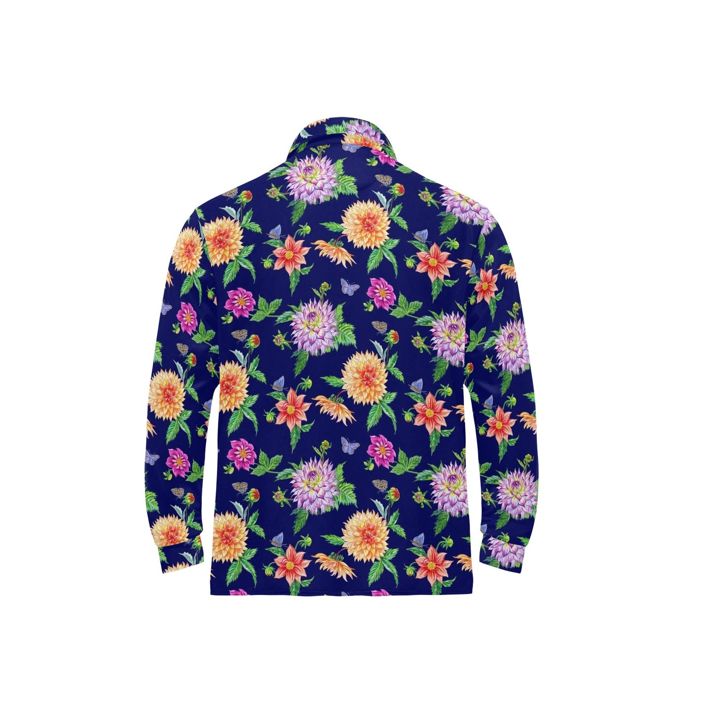 Dahlia Pattern Print Design DH010 Long Sleeve Polo Shirt For Men's