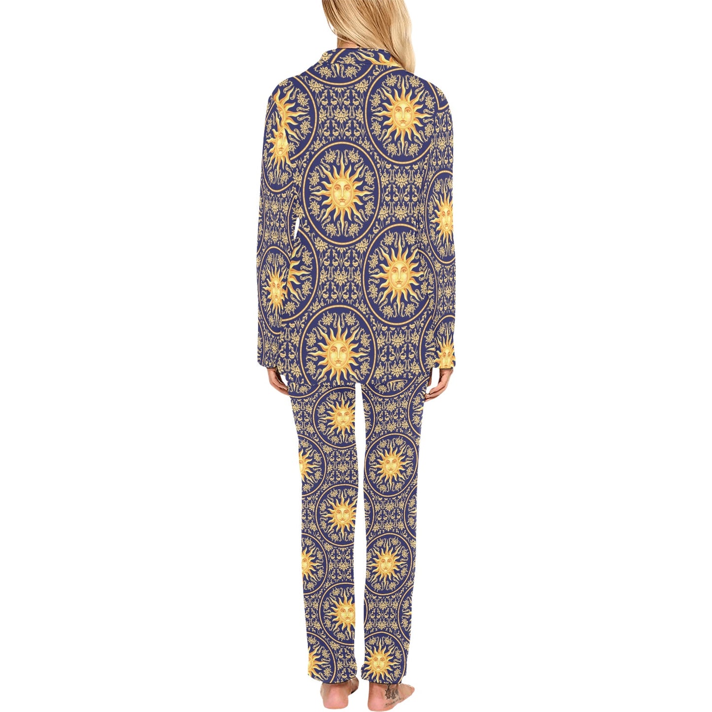 Celestial Gold Sun Face Women's Long Pajama Set