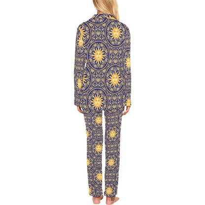 Celestial Gold Sun Face Women's Long Pajama Set