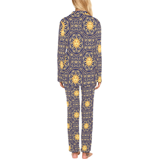 Celestial Gold Sun Face Women's Long Pajama Set