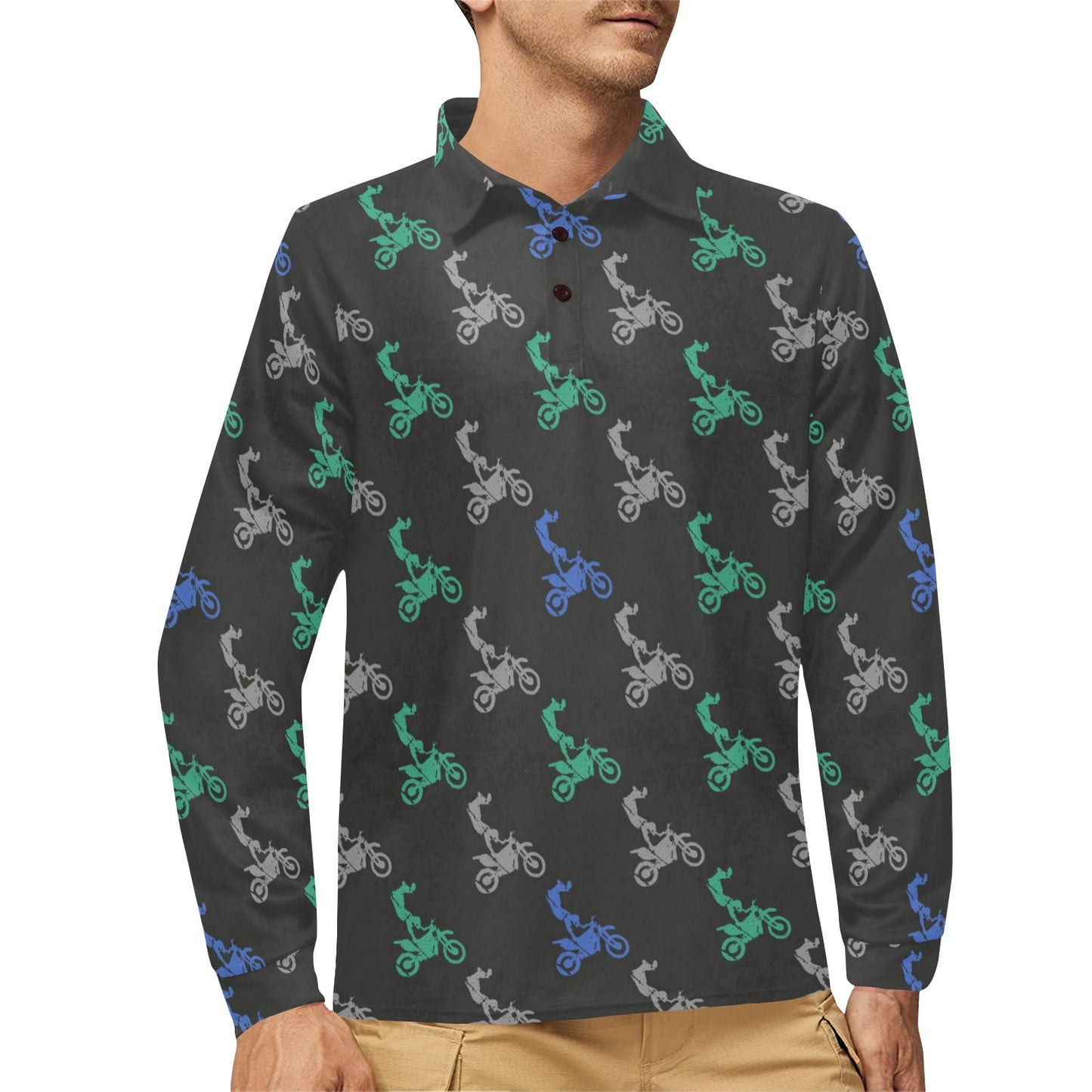 Motocross Pattern Print Design 02 Long Sleeve Polo Shirt For Men's