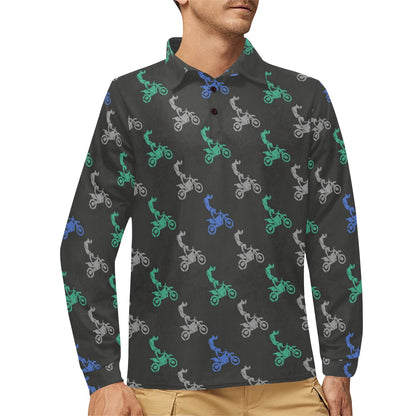 Motocross Pattern Print Design 02 Long Sleeve Polo Shirt For Men's