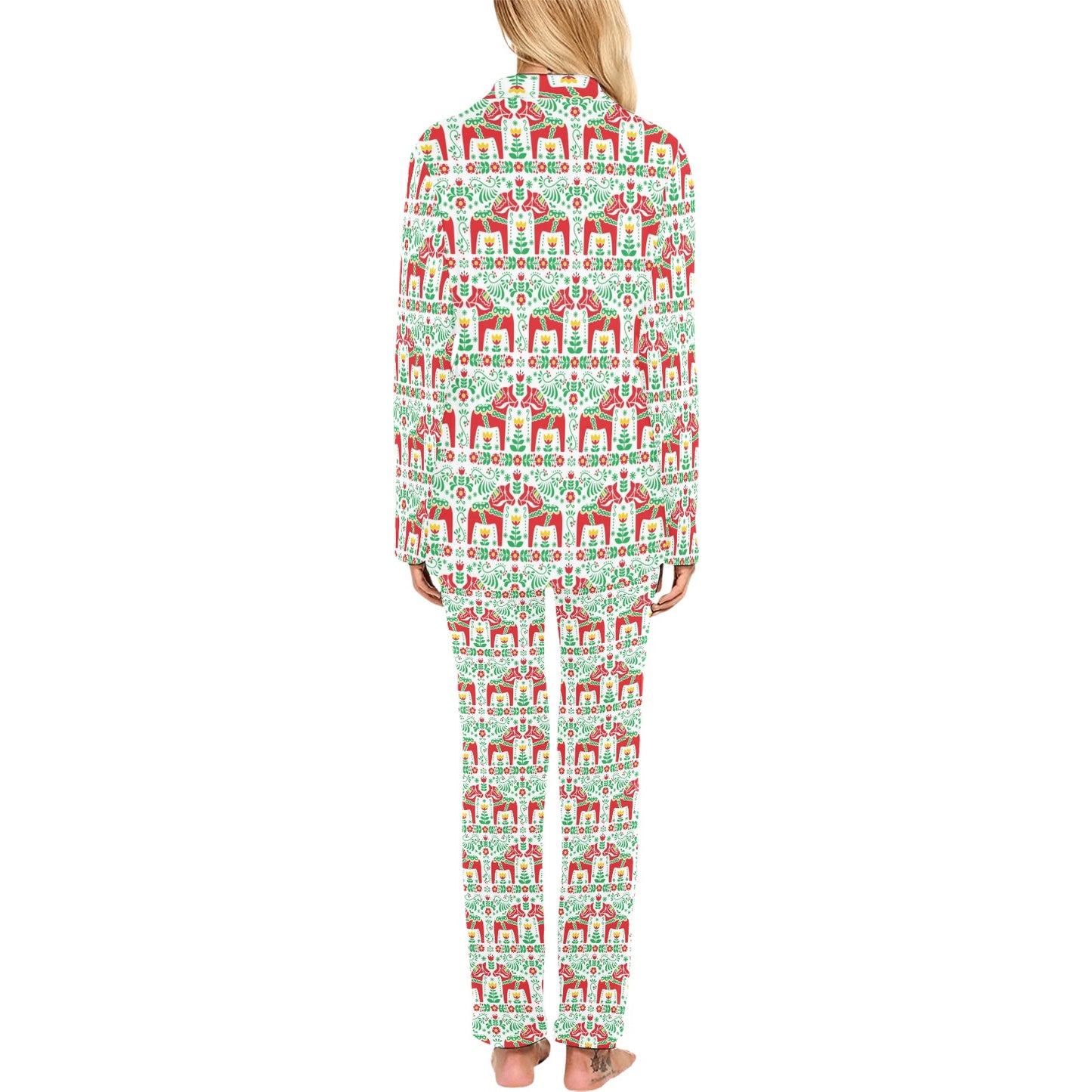 Swedish Dala Style Pattern Women's Long Pajama Set