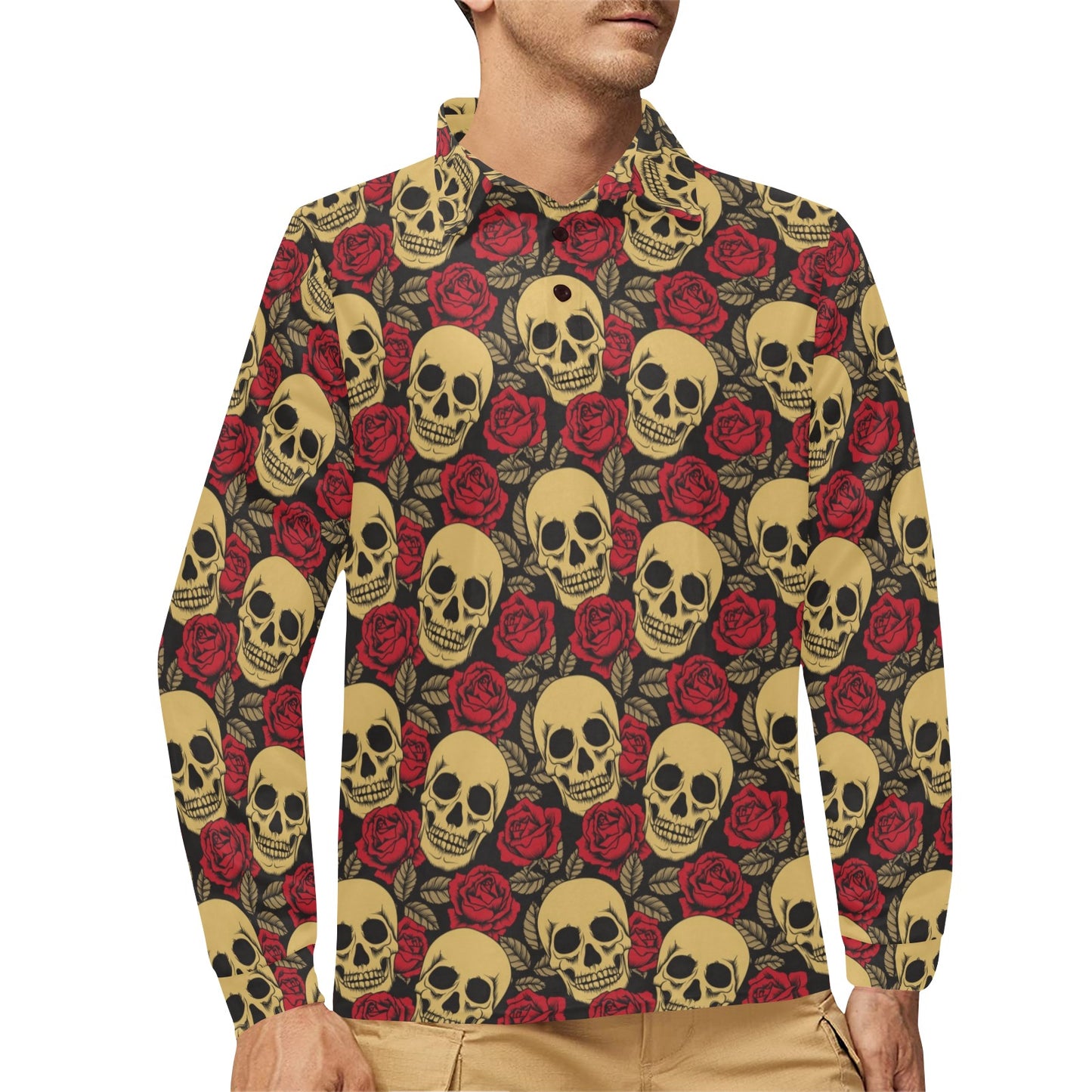 Skull And Roses Print Design LKS302 Long Sleeve Polo Shirt For Men's