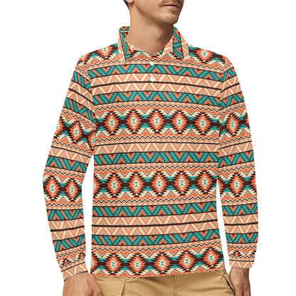 Navajo Western Style Print Pattern Long Sleeve Polo Shirt For Men's