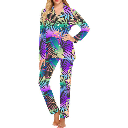 Neon Flower Tropical Palm Leaves Women's Long Pajama Set