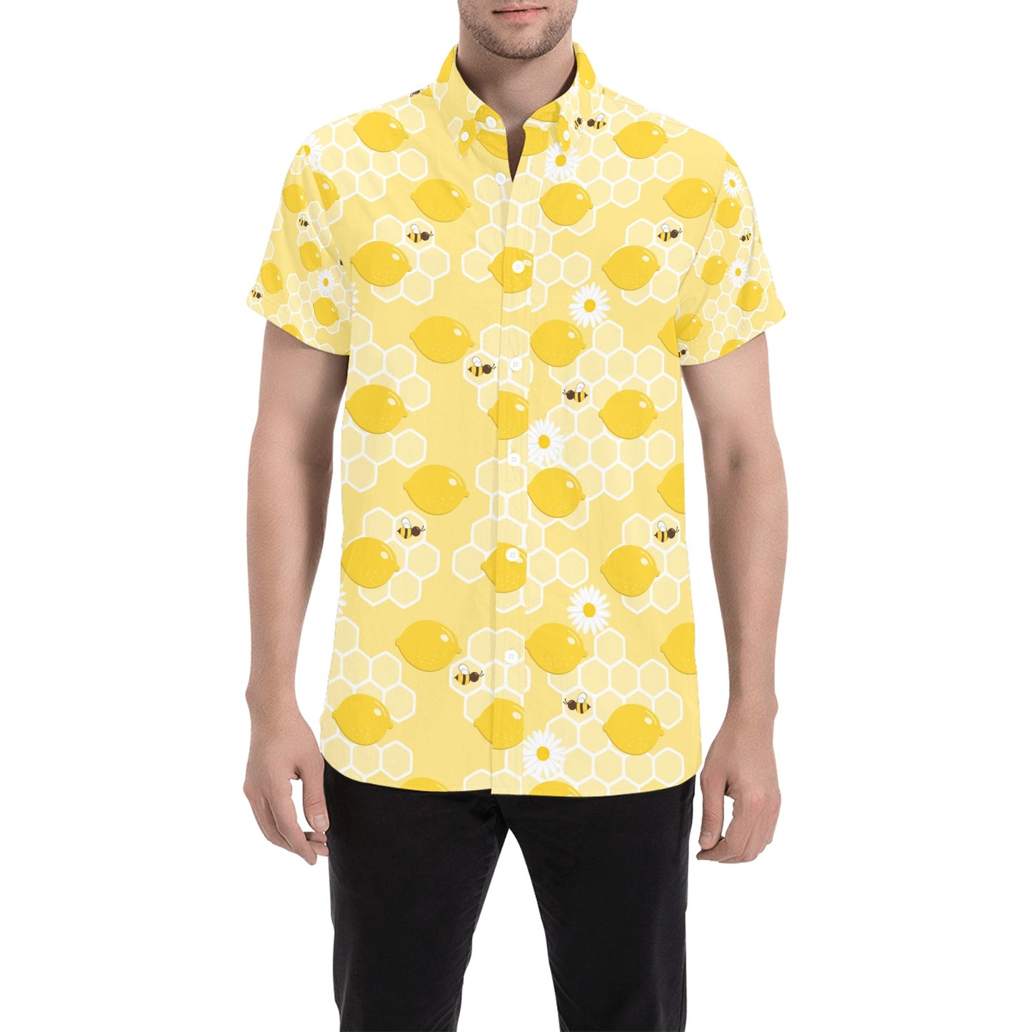 Honey Bee Honeycomb Print Design LKS3010 Men Short Sleeve Button Up Shirt
