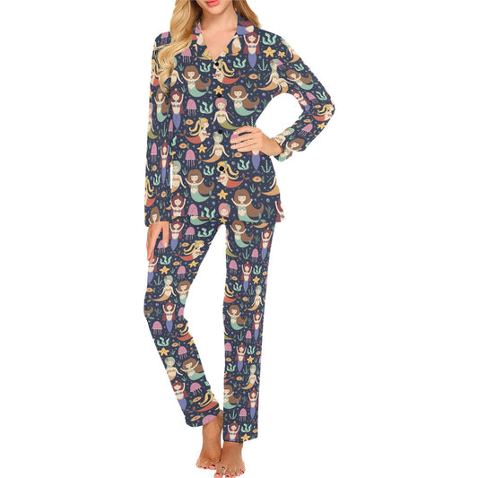 Mermaid Cartoon Pattern Print Design 03 Women's Long Pajama Set