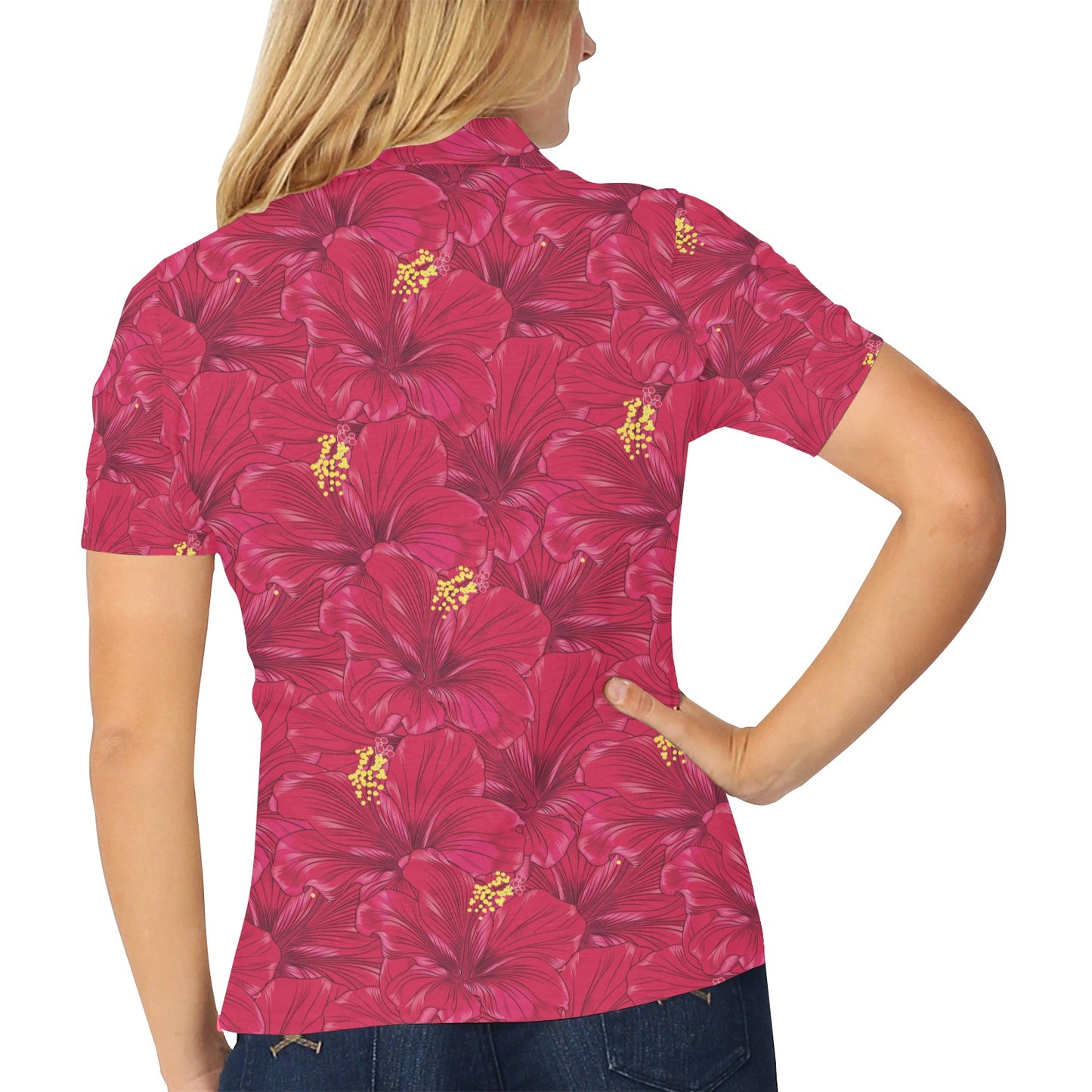 Hibiscus Red Pattern Print LKS308 Women's Polo Shirt