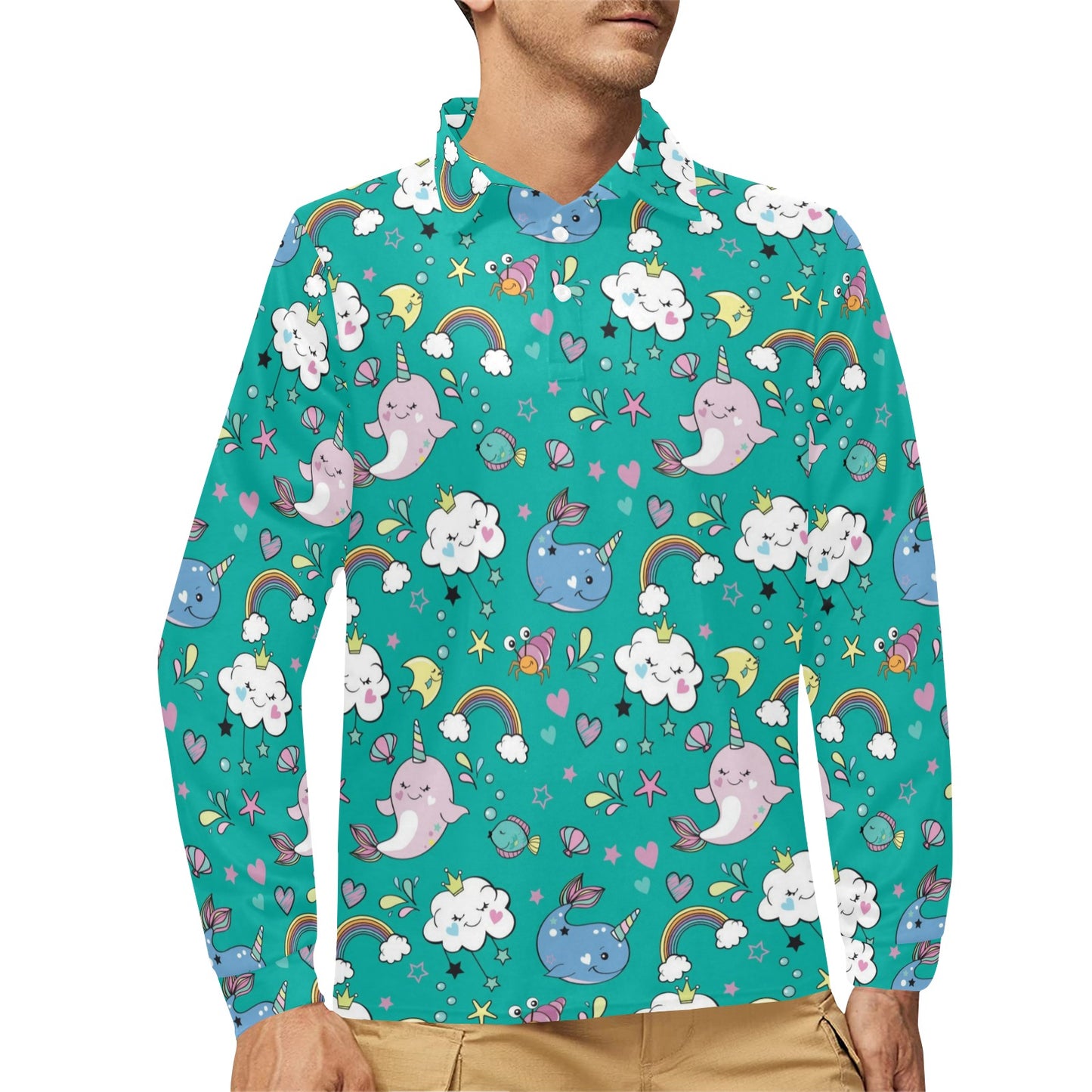 Narwhal Pattern Print Design 04 Long Sleeve Polo Shirt For Men's