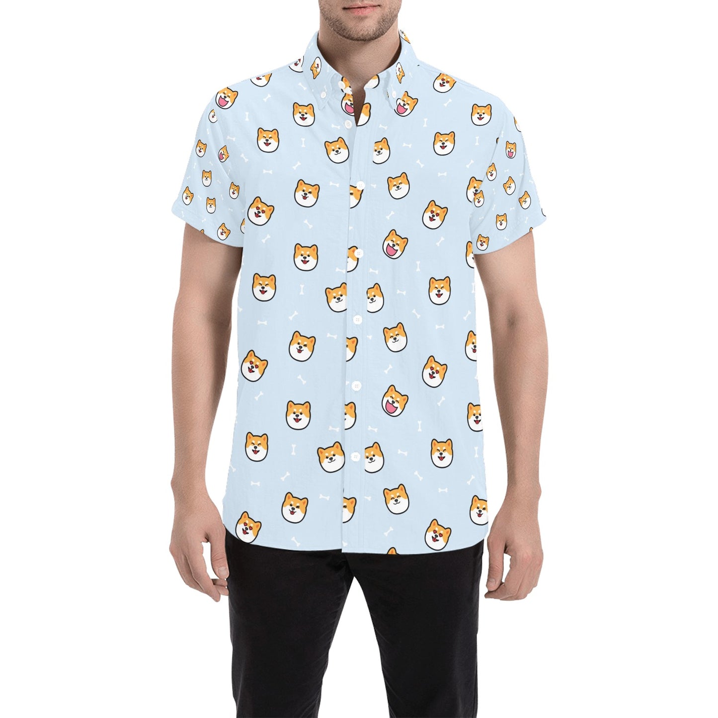 Shiba Inu Print Design LKS3012 Men Short Sleeve Button Up Shirt