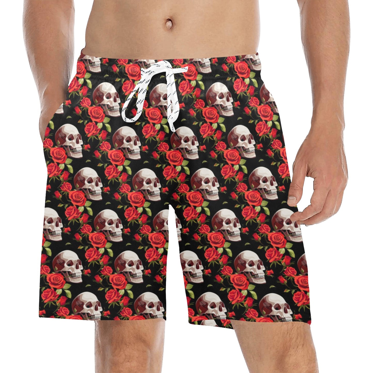 Red Rose Skull Design Print Men's Swim Trunks Beach Shorts