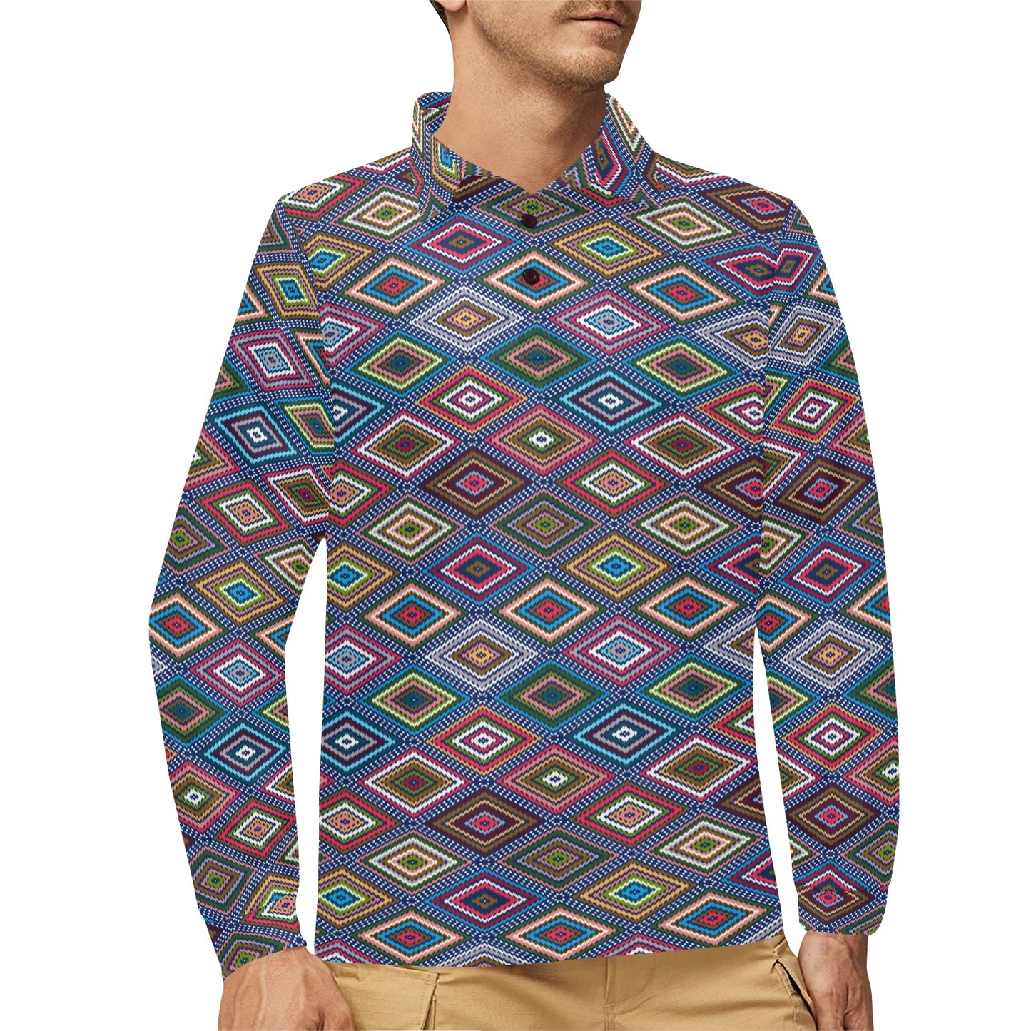 Southwestern Design Long Sleeve Polo Shirt For Men's