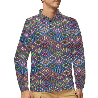 Southwestern Design Long Sleeve Polo Shirt For Men's