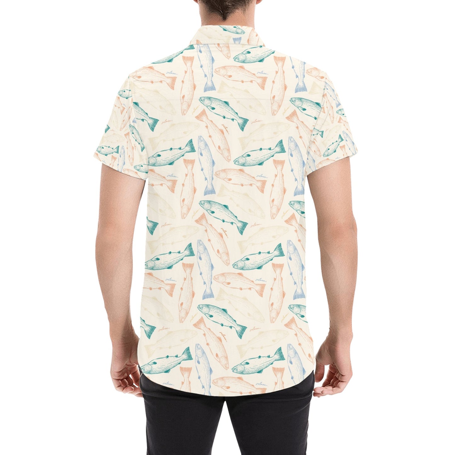 Salmon Fish Print Design LKS305 Men Short Sleeve Button Up Shirt