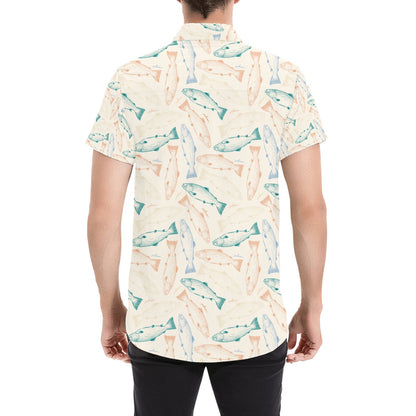 Salmon Fish Print Design LKS305 Men Short Sleeve Button Up Shirt