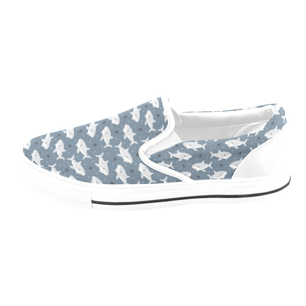 Shark Print Design LKS305 White Slip Ons Canvas Women's Shoes