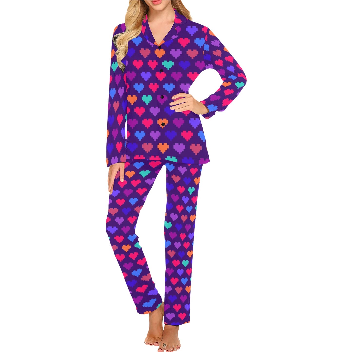 Heart Pixel Pattern Print Design HE03 Women's Long Pajama Set