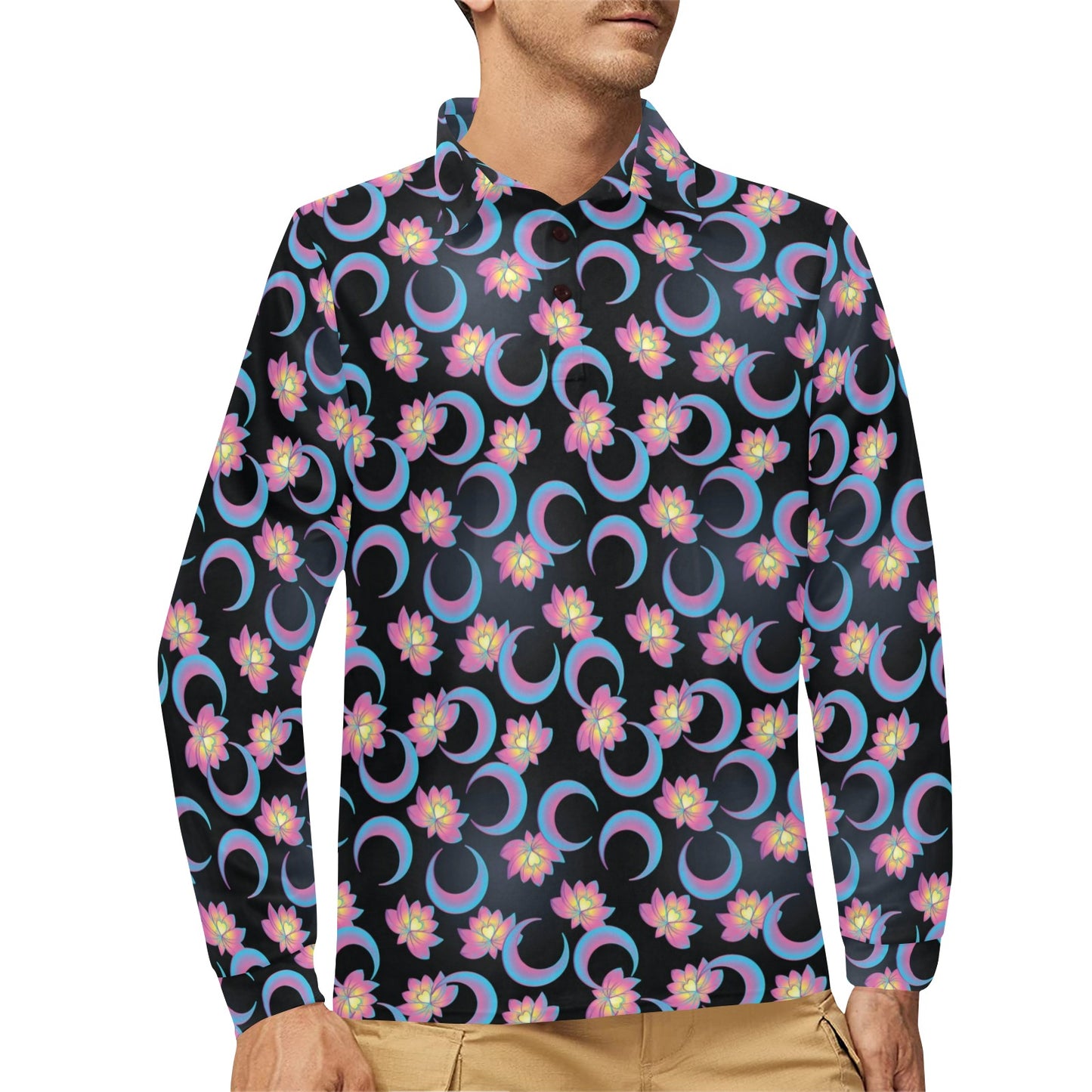Lotus with Moon Pink Print Themed Long Sleeve Polo Shirt For Men's