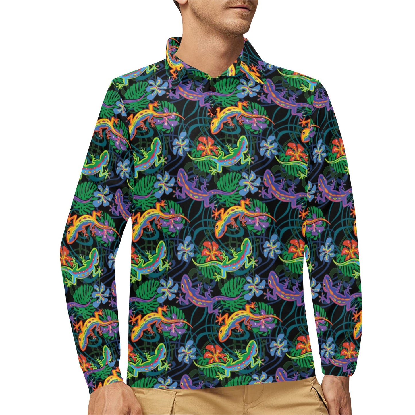 Gecko Colorful Pattern Print Design 01 Long Sleeve Polo Shirt For Men's