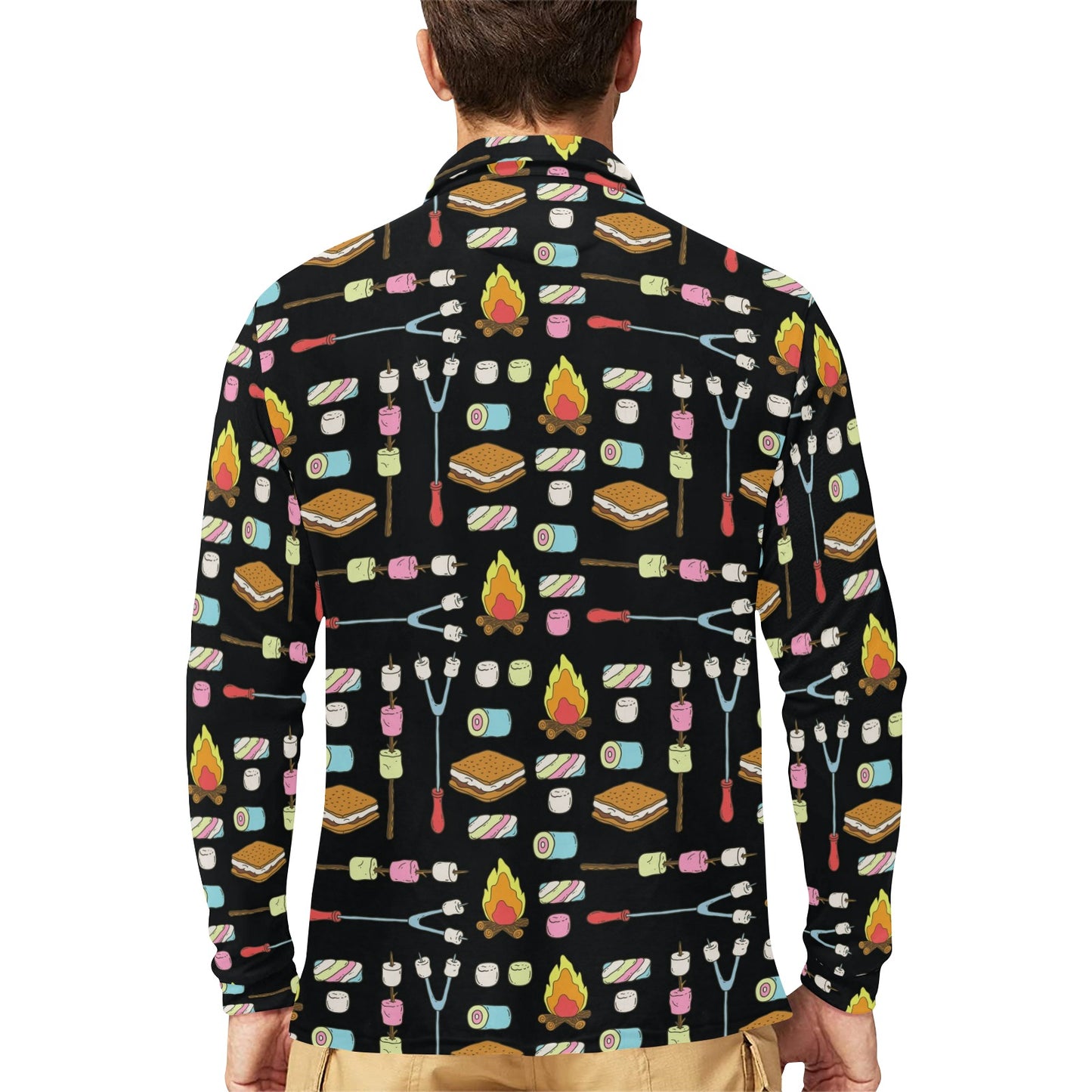Camping Campfire Marshmallows Long Sleeve Polo Shirt For Men's