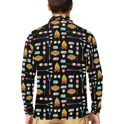 Camping Campfire Marshmallows Long Sleeve Polo Shirt For Men's