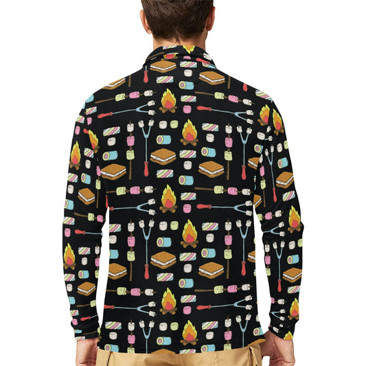 Camping Campfire Marshmallows Long Sleeve Polo Shirt For Men's