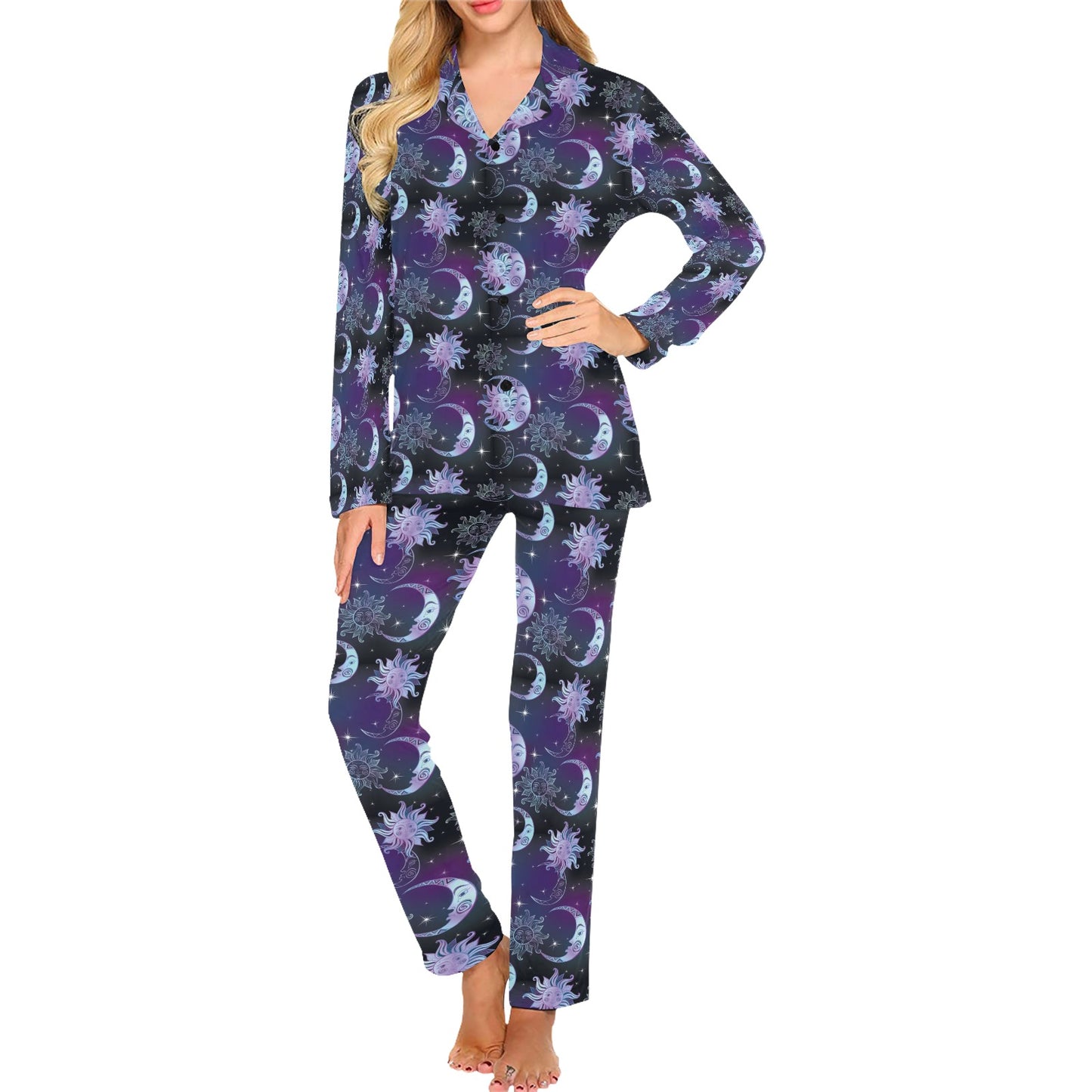 Sun Moon Print Design LKS303 Women's Long Pajama Set