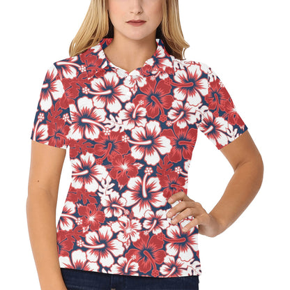 Red Hibiscus Embroidered Pattern Print Design HB032 Women's Polo Shirt