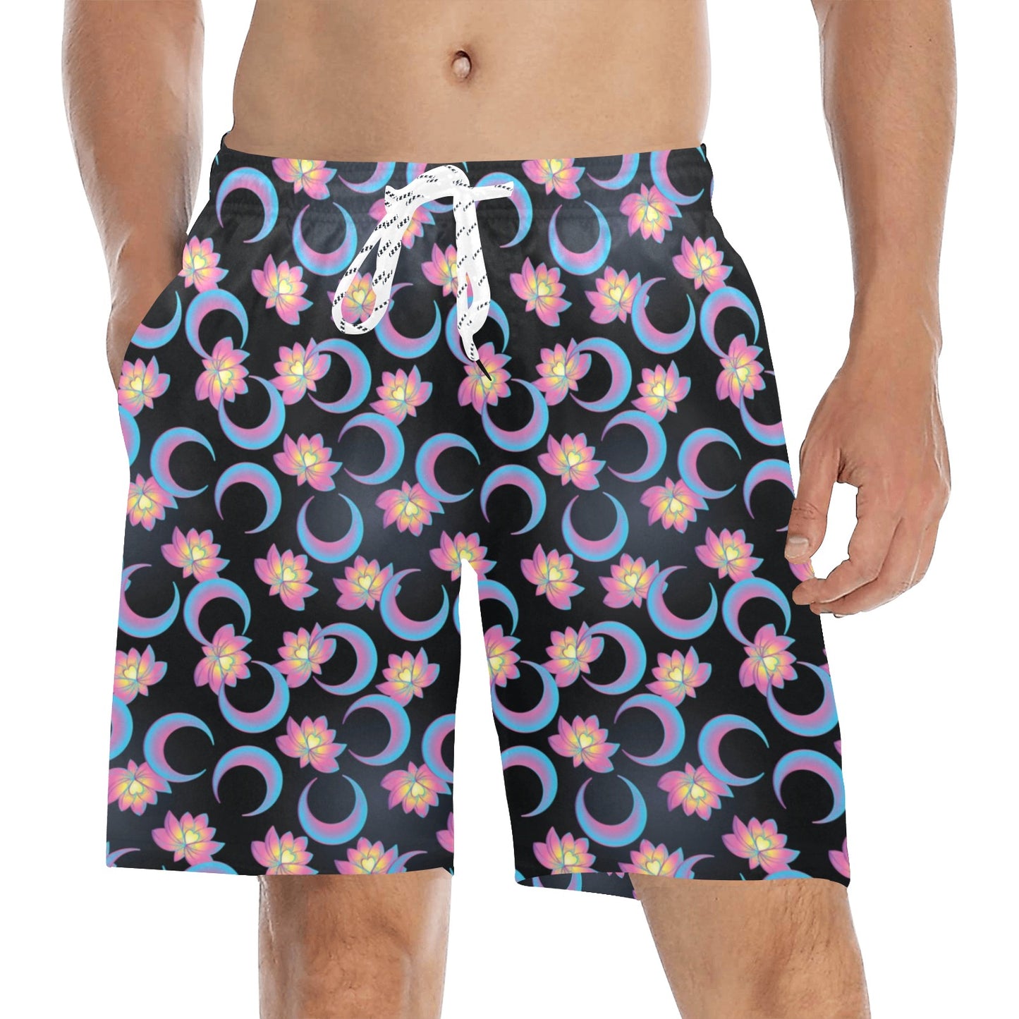 Lotus with Moon Pink Print Themed Men's Swim Trunks Beach Shorts