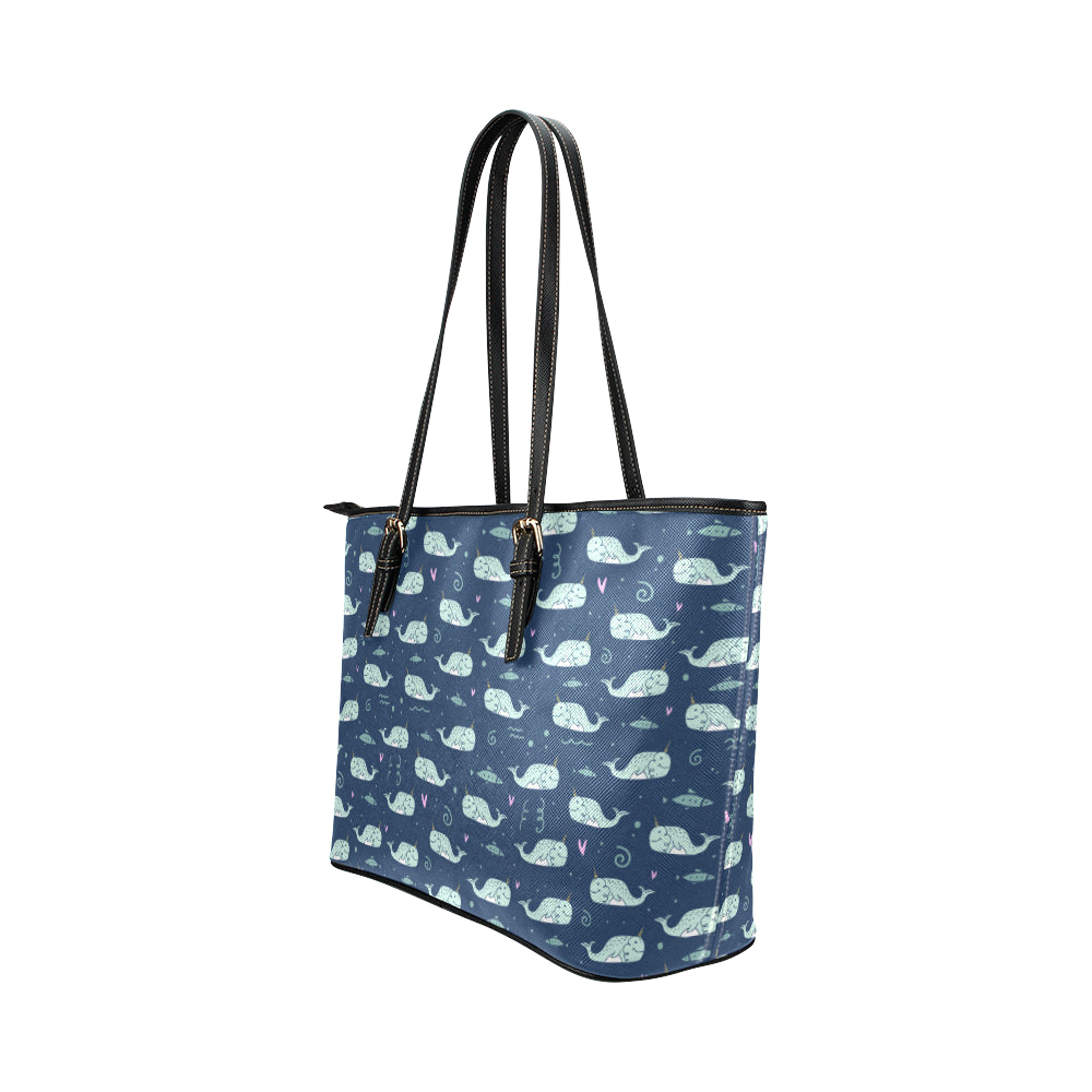 Narwhal Design Print Leather Tote Bag