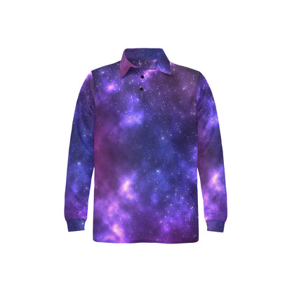 Celestial Purple Blue Galaxy Long Sleeve Polo Shirt For Men's