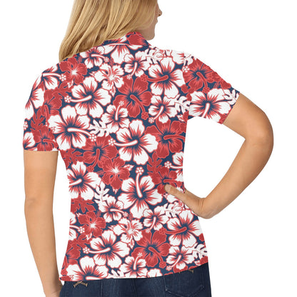 Red Hibiscus Embroidered Pattern Print Design HB032 Women's Polo Shirt