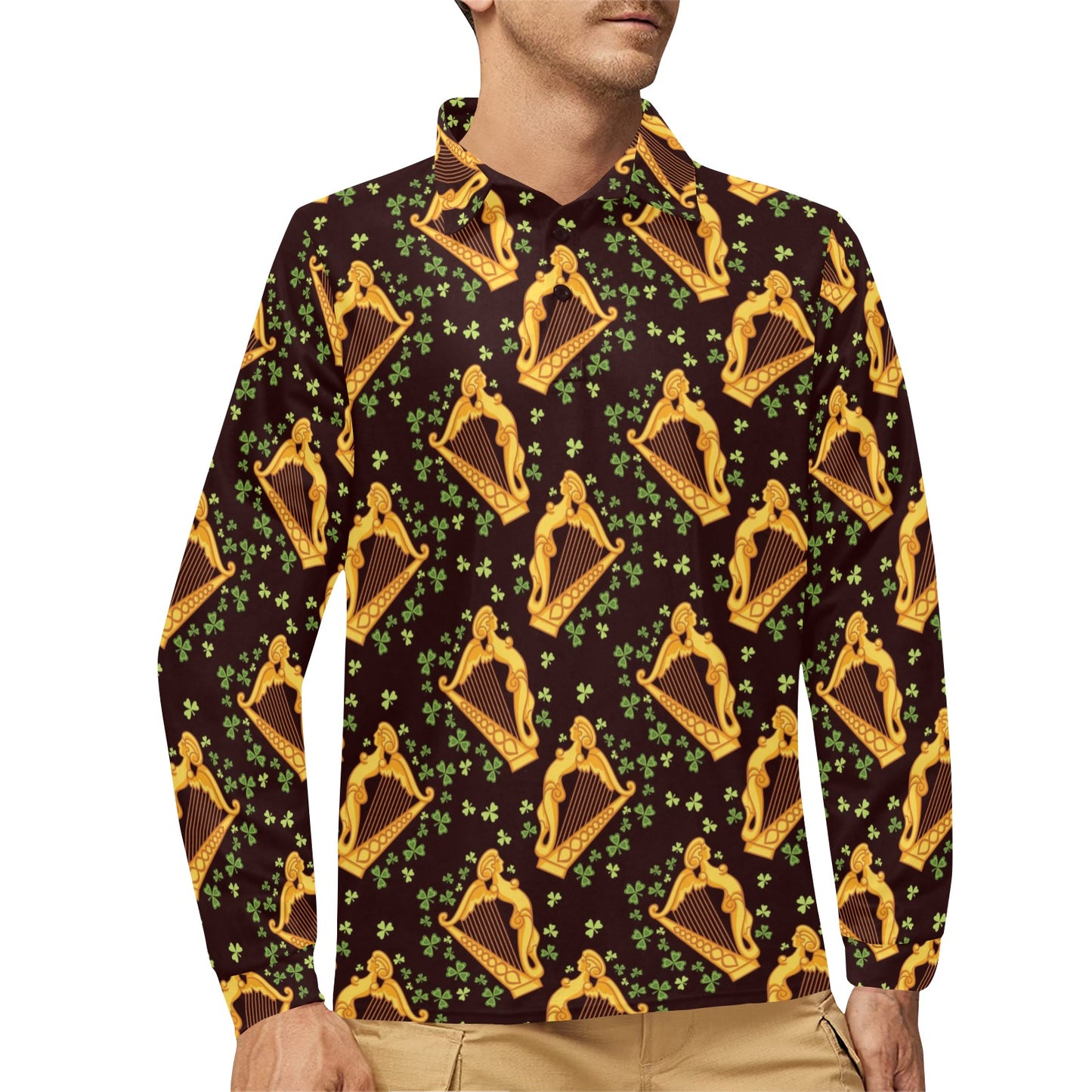 Harp Pattern Print Design 02 Long Sleeve Polo Shirt For Men's