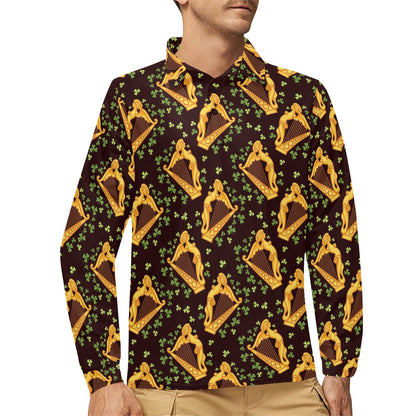 Harp Pattern Print Design 02 Long Sleeve Polo Shirt For Men's