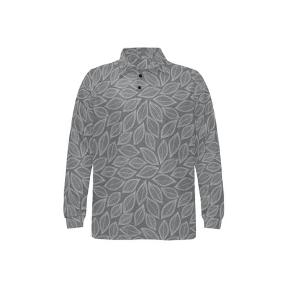 Elm Leave Grey Print Pattern Long Sleeve Polo Shirt For Men's