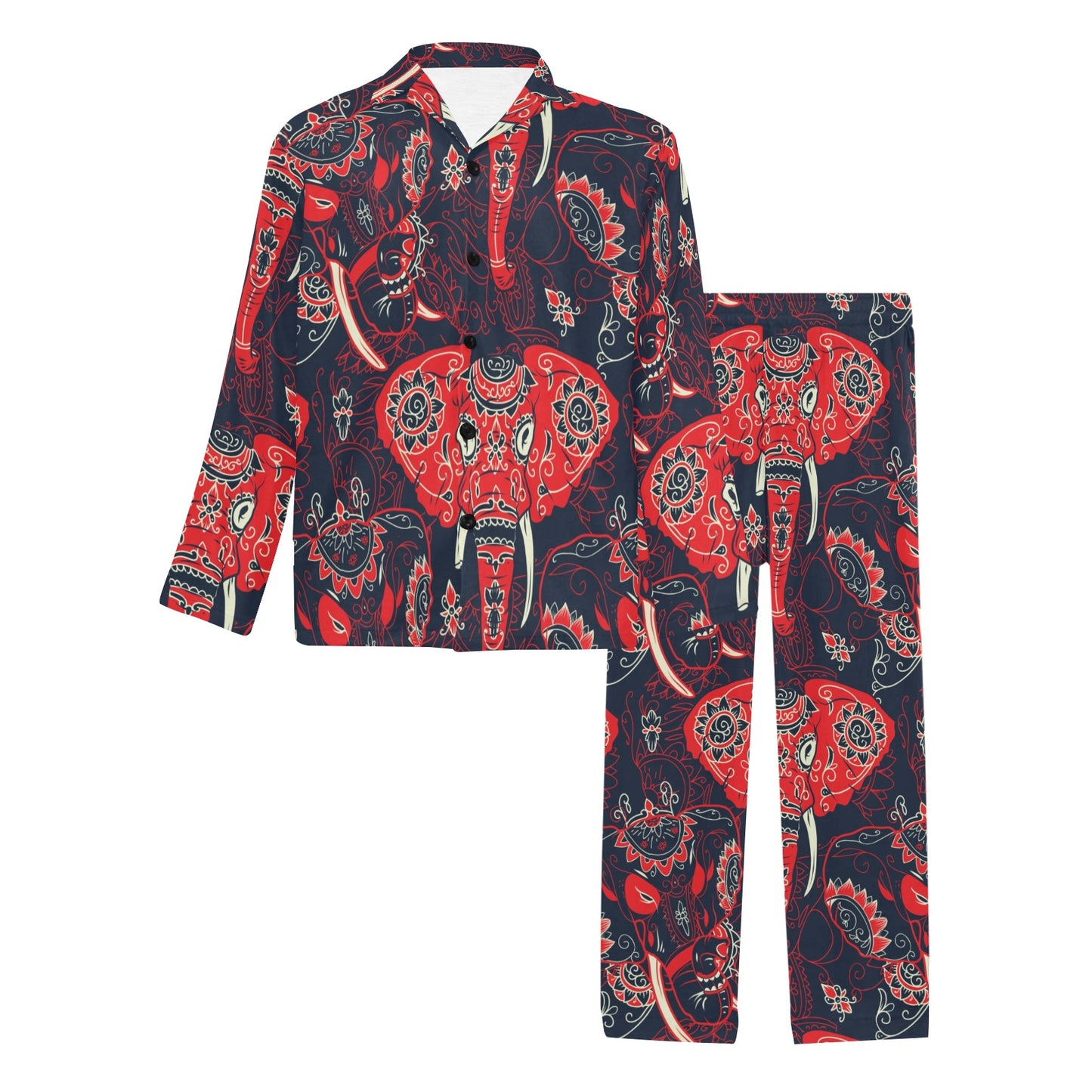 Red Indian Elephant Pattern Men's Long Pajama Set