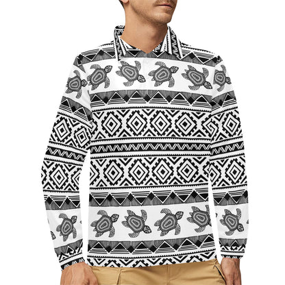 Sea Turtle Tribal Aztec Long Sleeve Polo Shirt For Men's