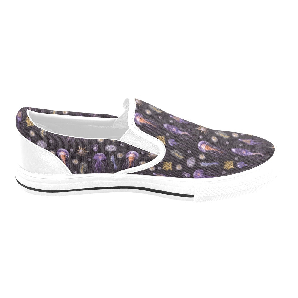 Seaweed With Jelly Fish Print Design LKS305 White Slip Ons Canvas Women's Shoes