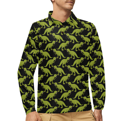 T Rex Pattern Print Design A02 Long Sleeve Polo Shirt For Men's