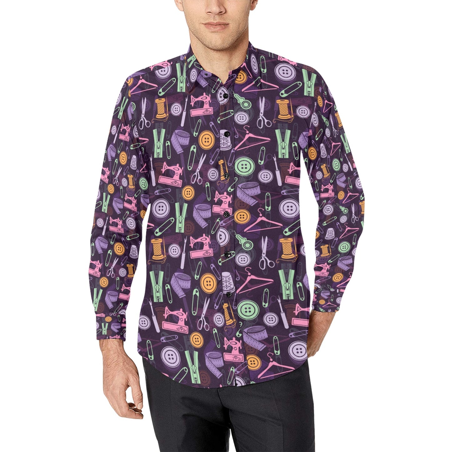 Sewing Equipment Print Design LKS306 Men's Long Sleeve Dress Shirt